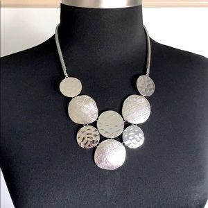 Fashion Forward Necklace 21 Inches Long Silver Metal Hammered Disks